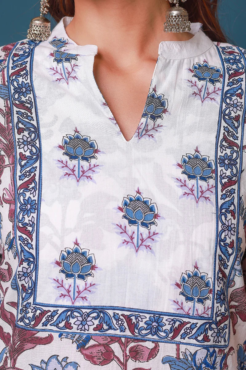 Blue Hand Block Printed Straight Kurta with Trouser