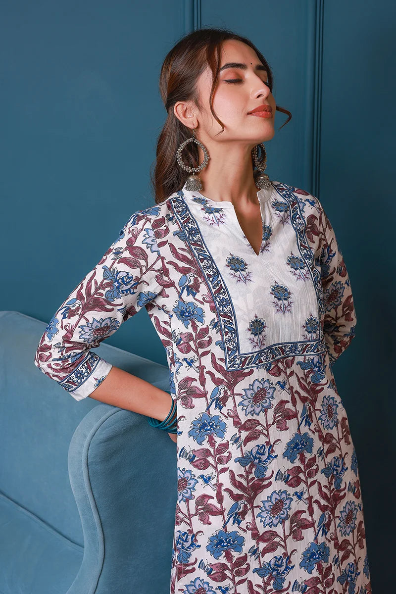 Blue Hand Block Printed Straight Kurta with Trouser