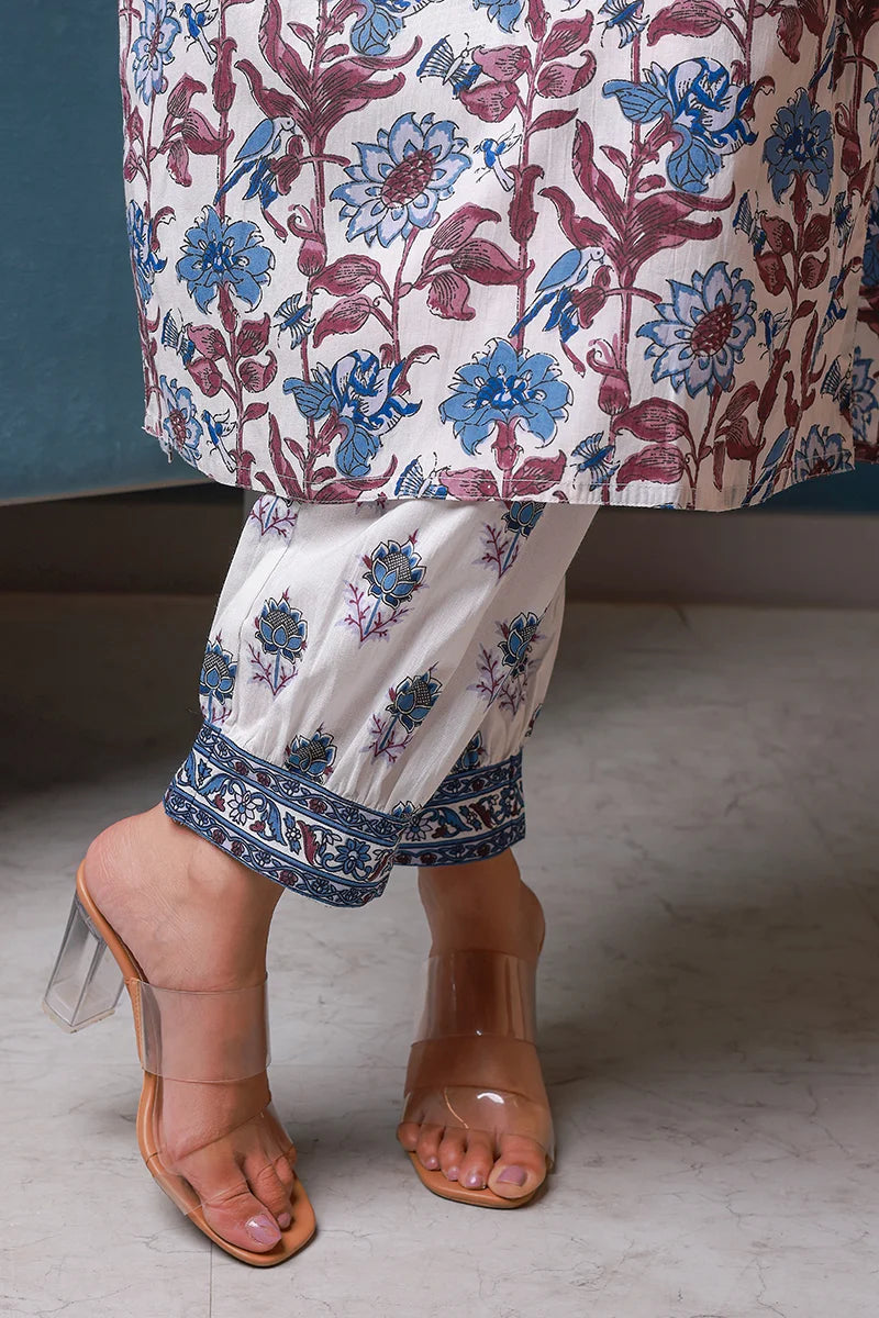 Blue Hand Block Printed Straight Kurta with Trouser