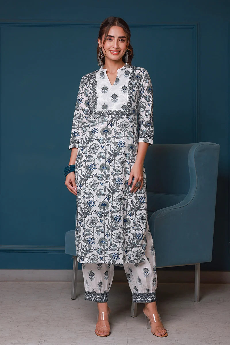 Grey Hand Block Printed Straight Kurta with Trouser