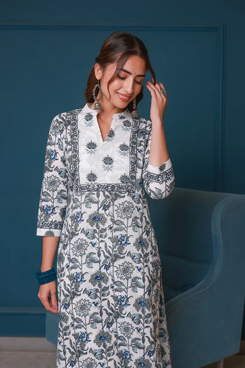 Grey Hand Block Printed Straight Kurta with Trouser