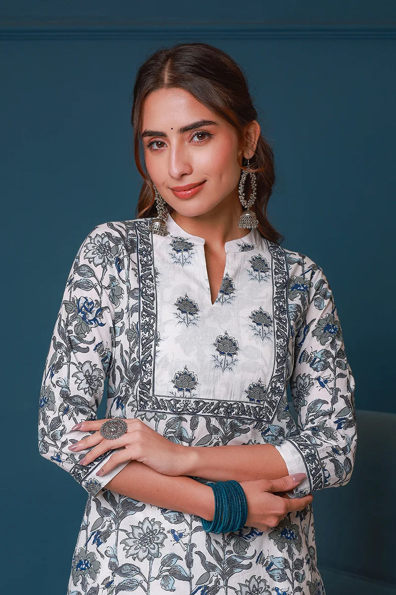 Grey Hand Block Printed Straight Kurta with Trouser