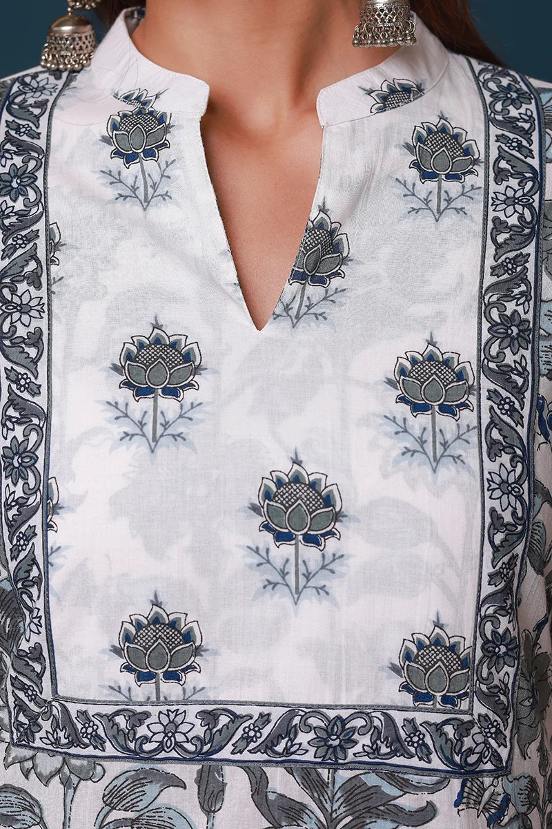 Grey Hand Block Printed Straight Kurta with Trouser