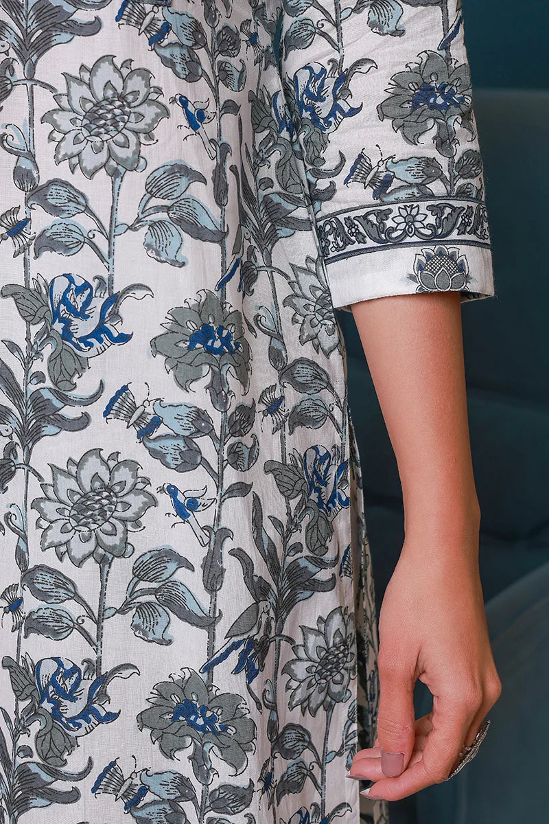 Grey Hand Block Printed Straight Kurta with Trouser