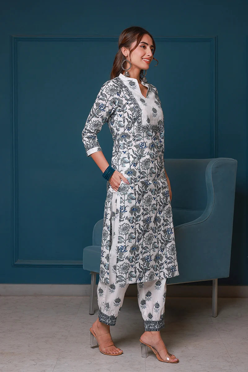 Grey Hand Block Printed Straight Kurta with Trouser