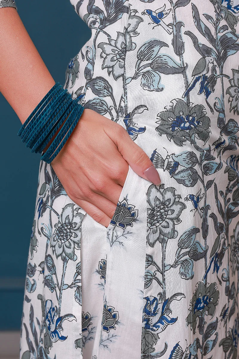 Grey Hand Block Printed Straight Kurta with Trouser