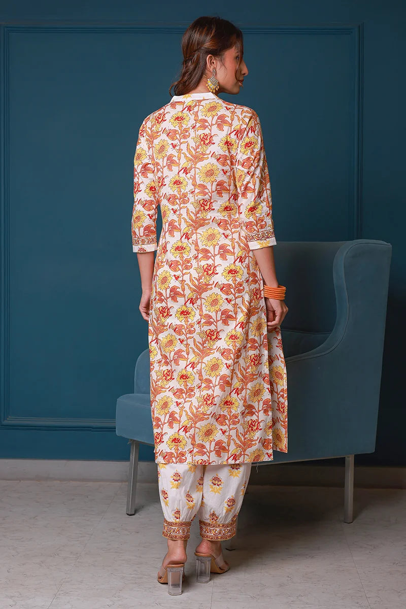 Yellow Hand Block Printed Straight Kurta with Trouser