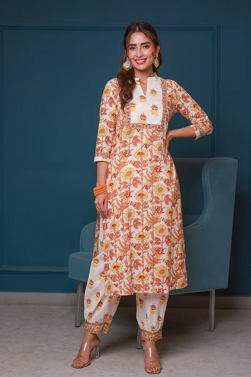 Yellow Hand Block Printed Straight Kurta with Trouser