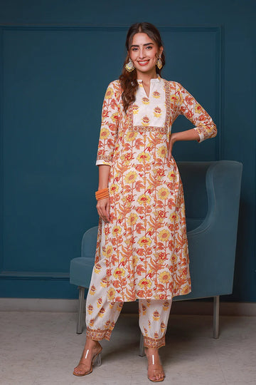 Yellow Hand Block Printed Straight Kurta with Trouser