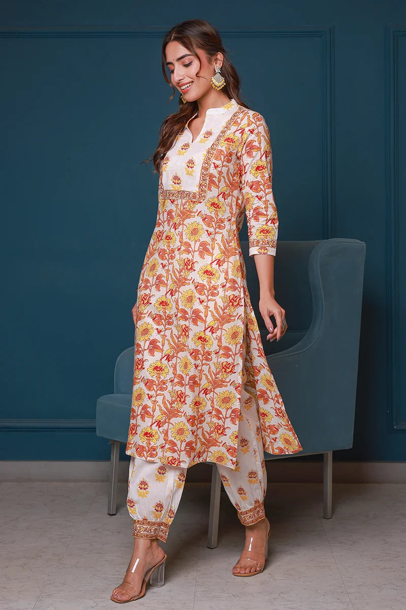 Yellow Hand Block Printed Straight Kurta with Trouser