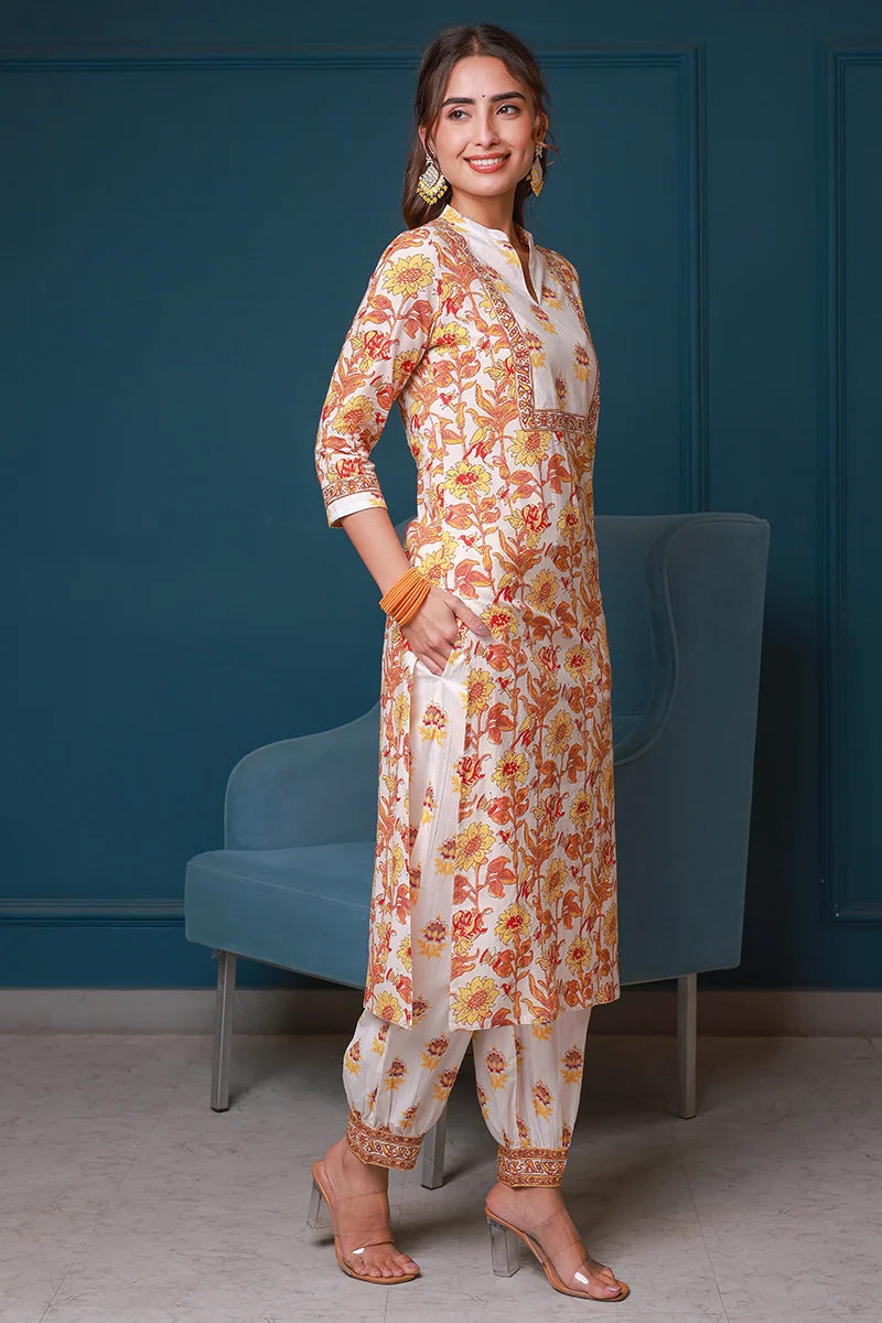 Yellow Hand Block Printed Straight Kurta with Trouser