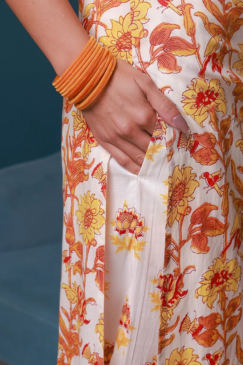 Yellow Hand Block Printed Straight Kurta with Trouser