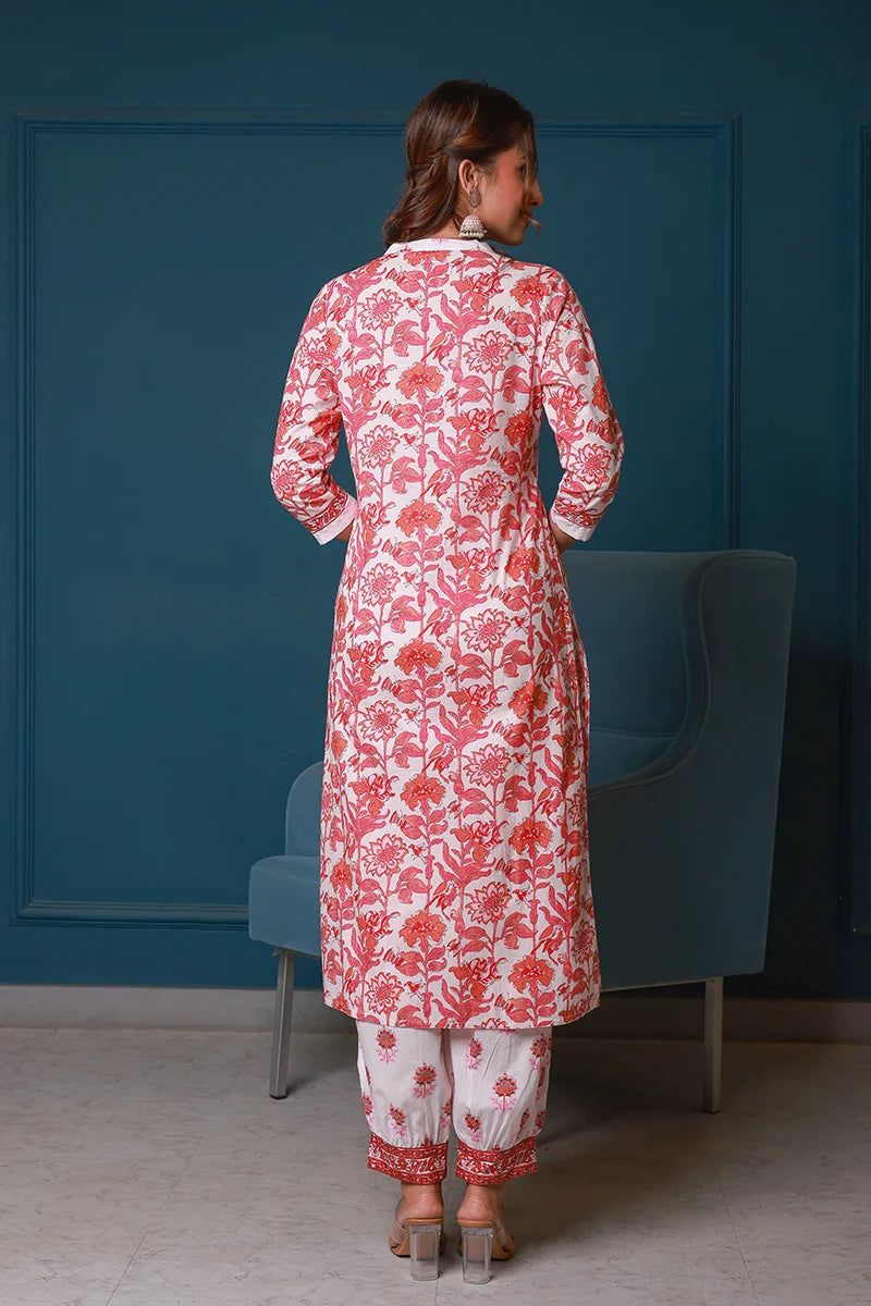 Pink Hand Block Printed Straight Kurta with Trouser