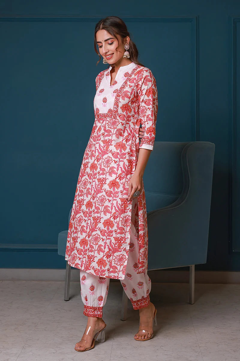 Pink Hand Block Printed Straight Kurta with Trouser