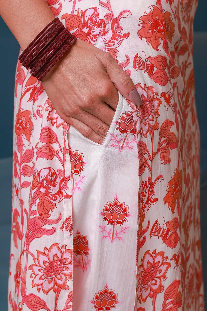 Pink Hand Block Printed Straight Kurta with Trouser