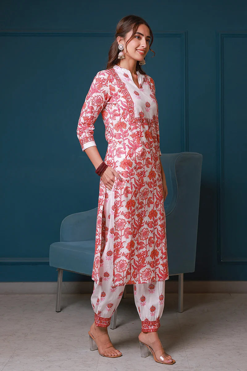 Pink Hand Block Printed Straight Kurta with Trouser