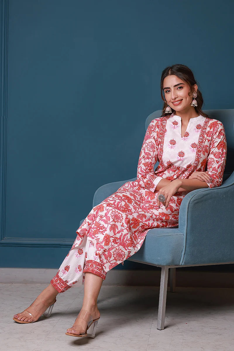 Pink Hand Block Printed Straight Kurta with Trouser