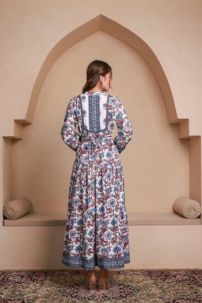 Blue Floral Printed Bishop Sleeves Ethnic A-Line Maxi Dress