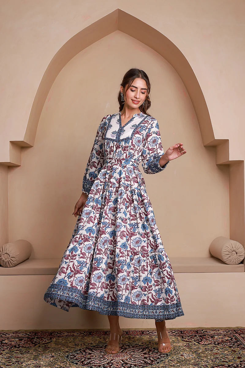 Blue Floral Printed Bishop Sleeves Ethnic A-Line Maxi Dress