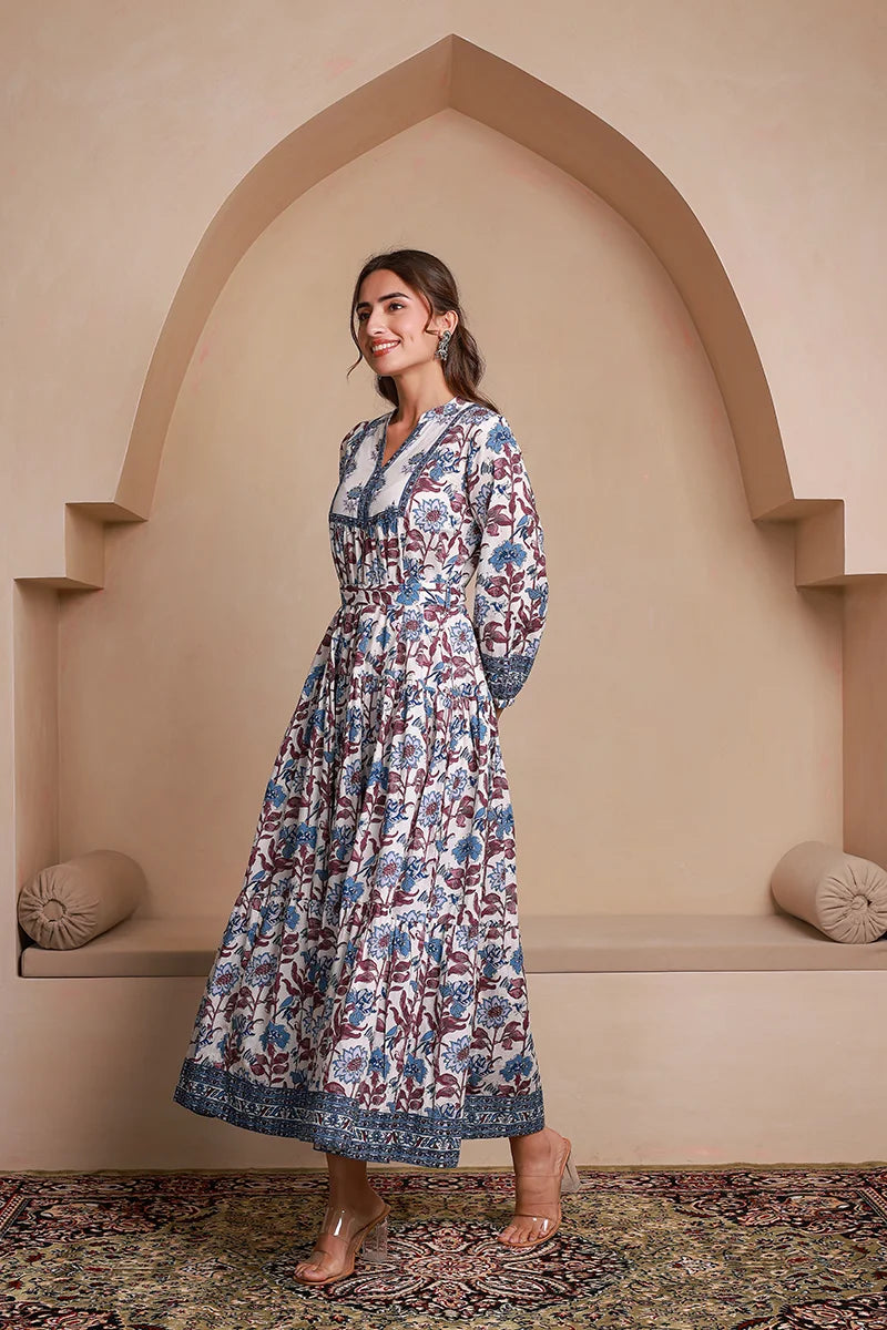 Blue Floral Printed Bishop Sleeves Ethnic A-Line Maxi Dress