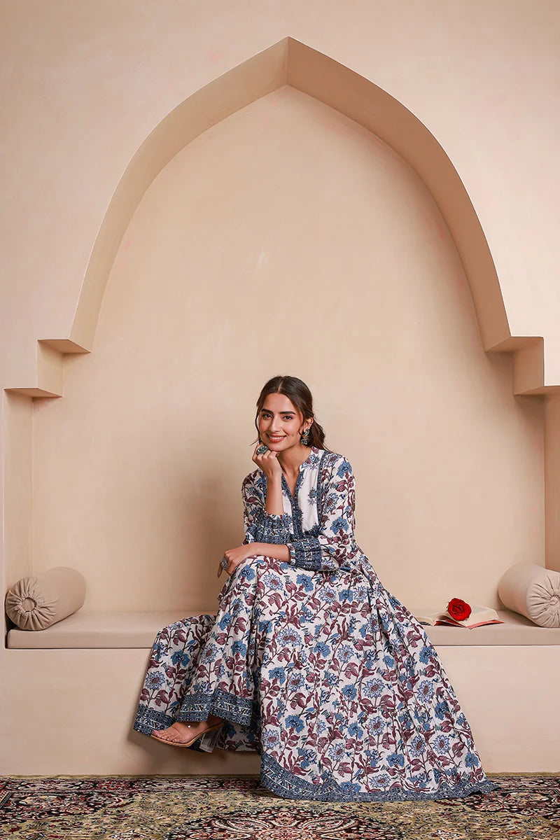 Blue Floral Printed Bishop Sleeves Ethnic A-Line Maxi Dress