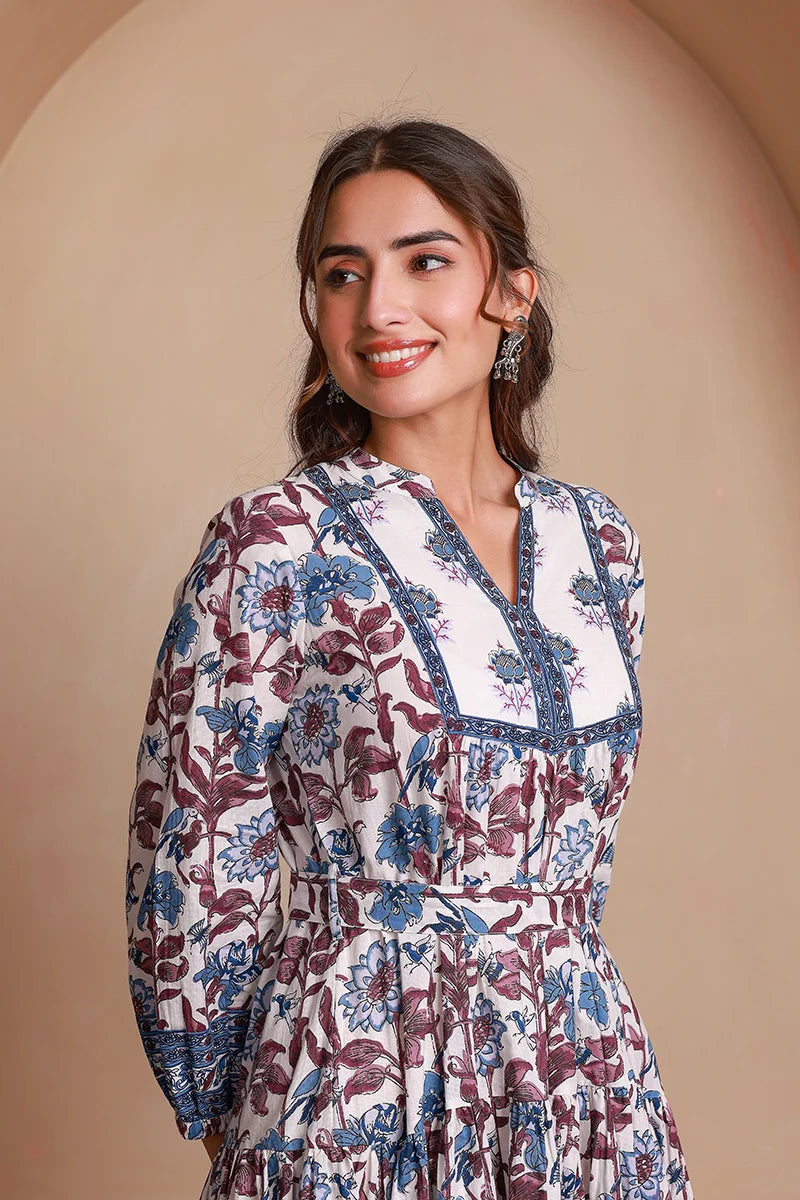 Blue Floral Printed Bishop Sleeves Ethnic A-Line Maxi Dress