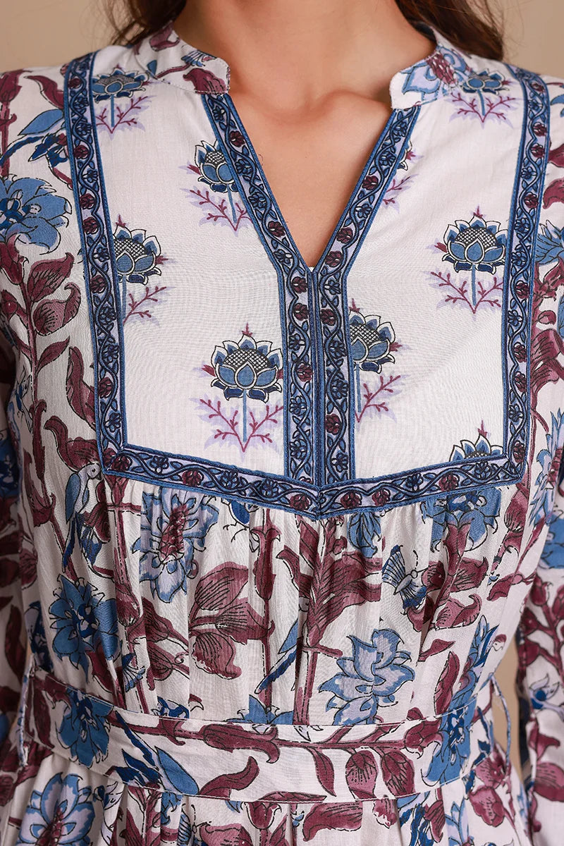 Blue Floral Printed Bishop Sleeves Ethnic A-Line Maxi Dress