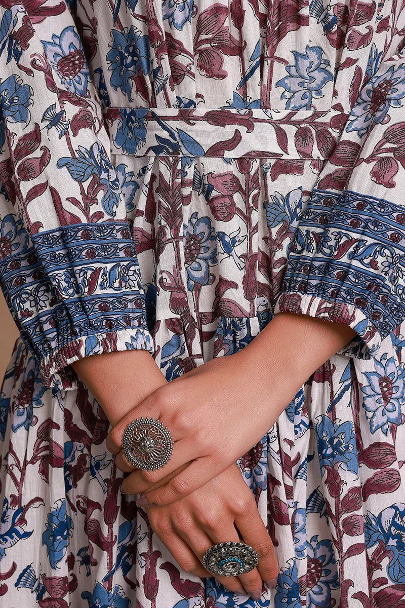 Blue Floral Printed Bishop Sleeves Ethnic A-Line Maxi Dress