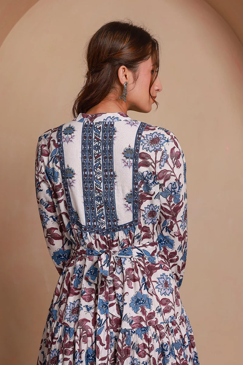 Blue Floral Printed Bishop Sleeves Ethnic A-Line Maxi Dress