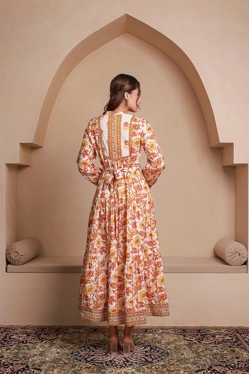 Yellow Floral Printed Bishop Sleeves Ethnic A-Line Maxi Dress