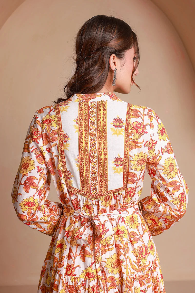 Yellow Floral Printed Bishop Sleeves Ethnic A-Line Maxi Dress