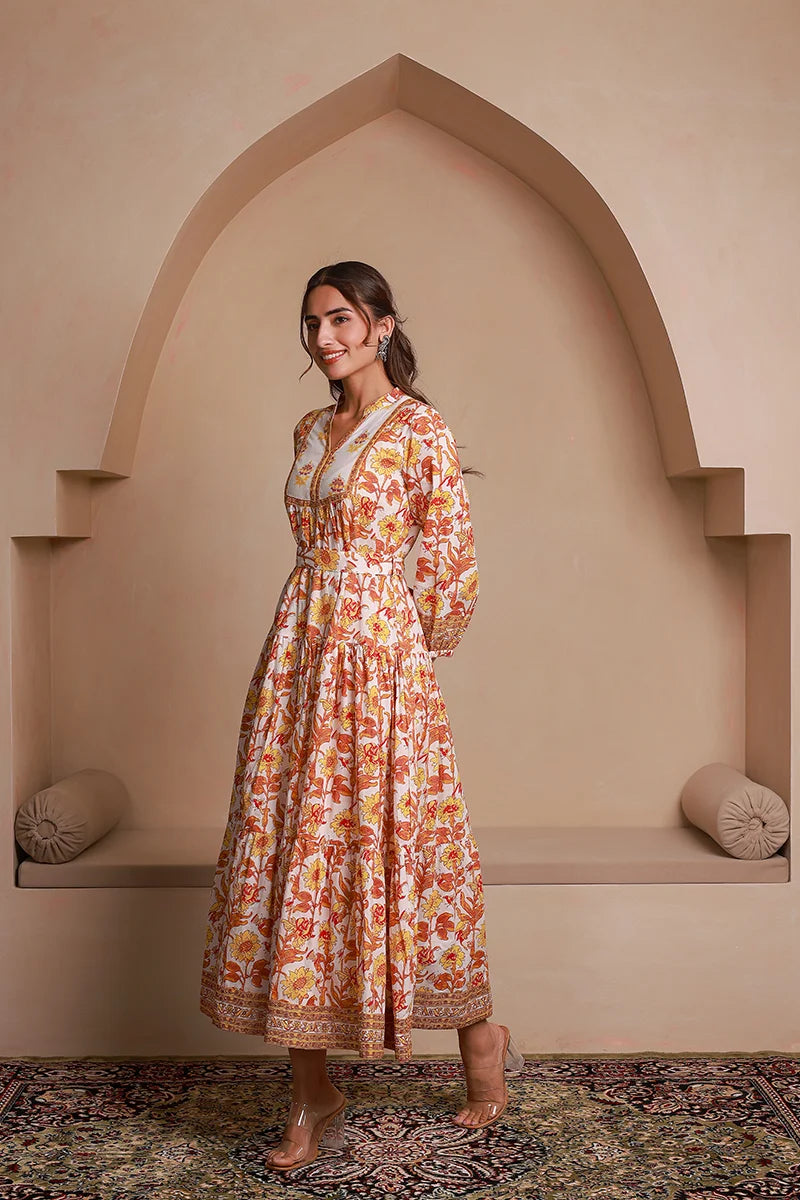 Yellow Floral Printed Bishop Sleeves Ethnic A-Line Maxi Dress