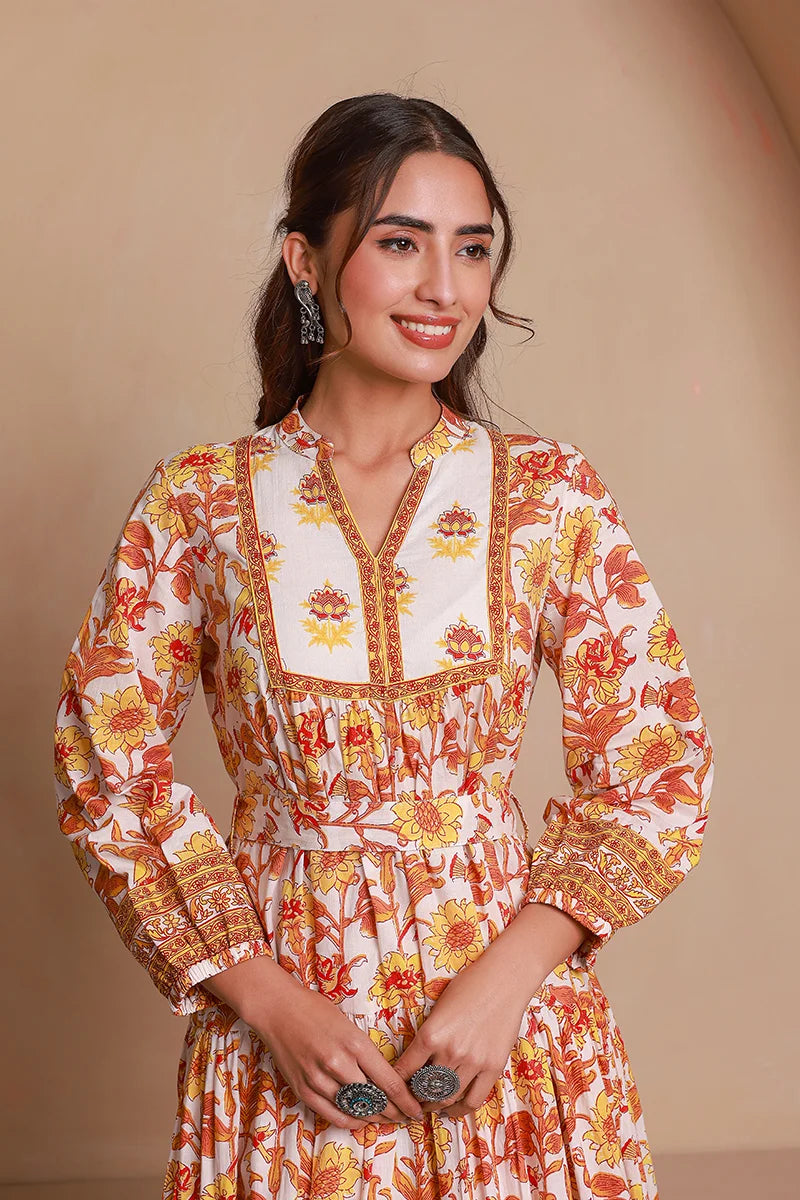 Yellow Floral Printed Bishop Sleeves Ethnic A-Line Maxi Dress