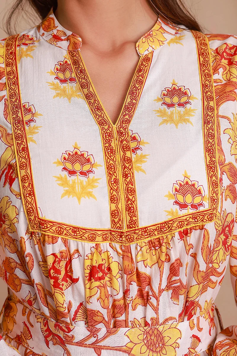 Yellow Floral Printed Bishop Sleeves Ethnic A-Line Maxi Dress