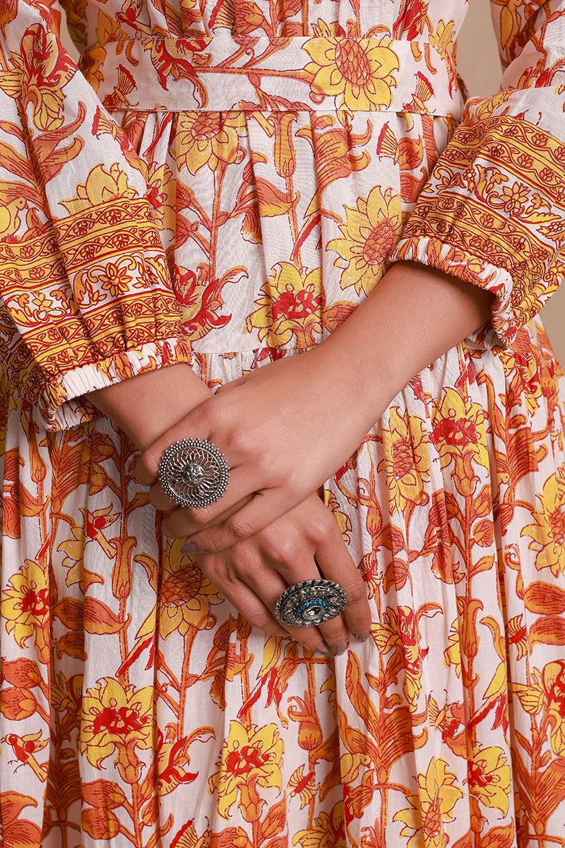 Yellow Floral Printed Bishop Sleeves Ethnic A-Line Maxi Dress