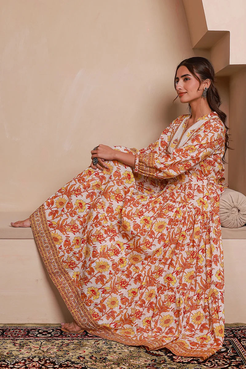 Yellow Floral Printed Bishop Sleeves Ethnic A-Line Maxi Dress