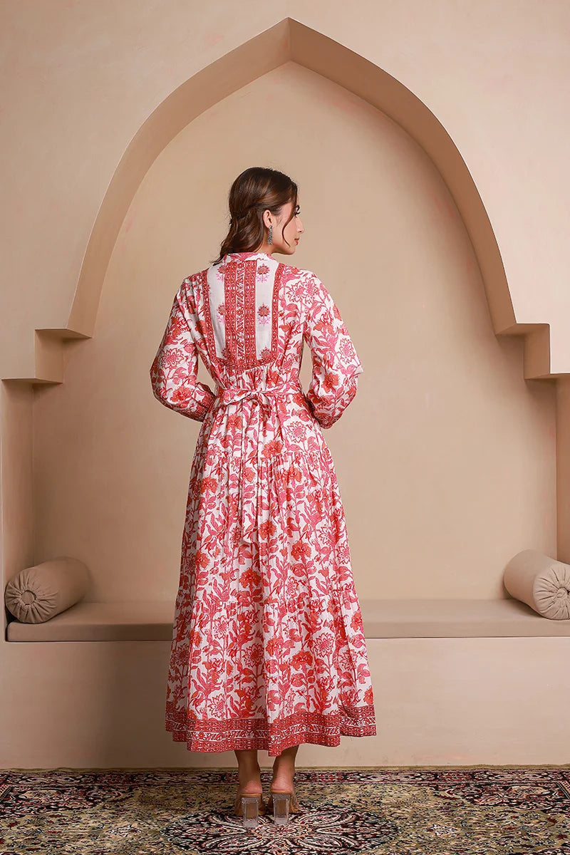 Pink Floral Printed Bishop Sleeves Ethnic A-Line Maxi Dress