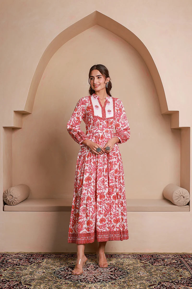 Pink Floral Printed Bishop Sleeves Ethnic A-Line Maxi Dress