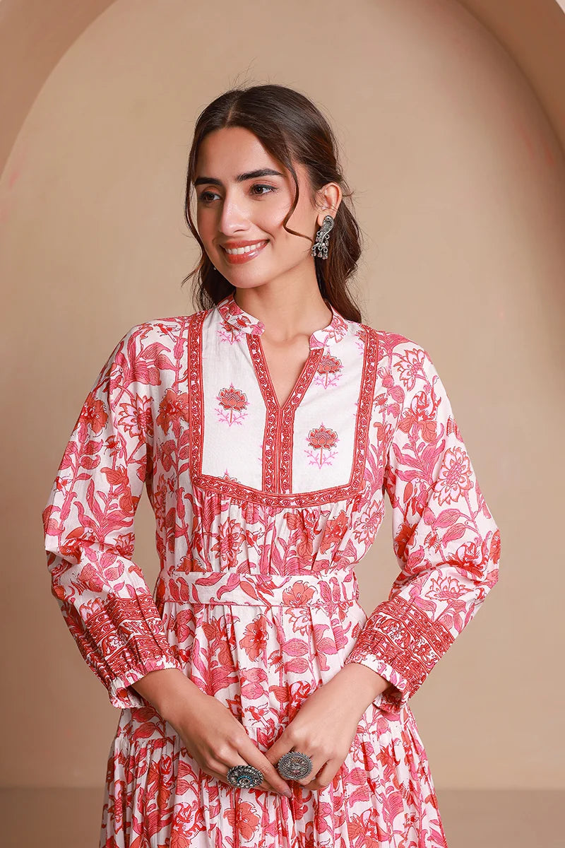 Pink Floral Printed Bishop Sleeves Ethnic A-Line Maxi Dress