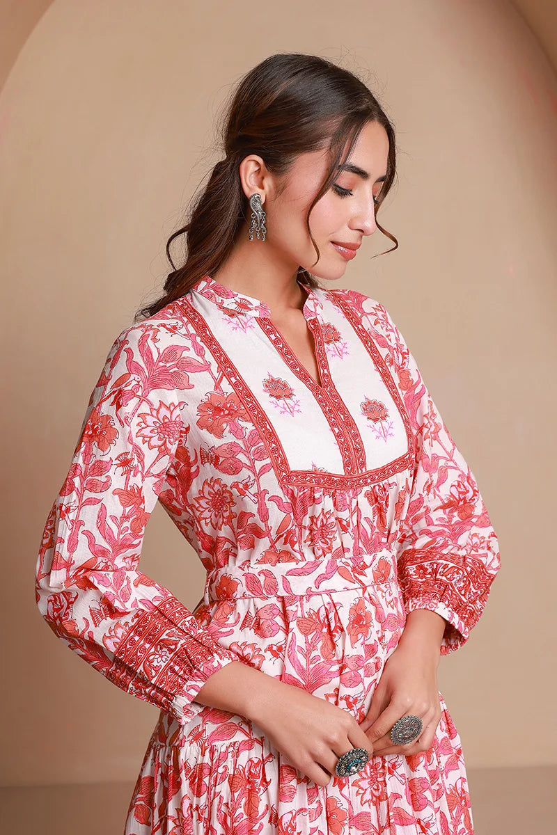 Pink Floral Printed Bishop Sleeves Ethnic A-Line Maxi Dress