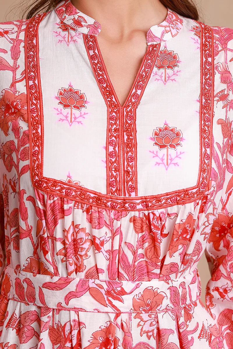 Pink Floral Printed Bishop Sleeves Ethnic A-Line Maxi Dress
