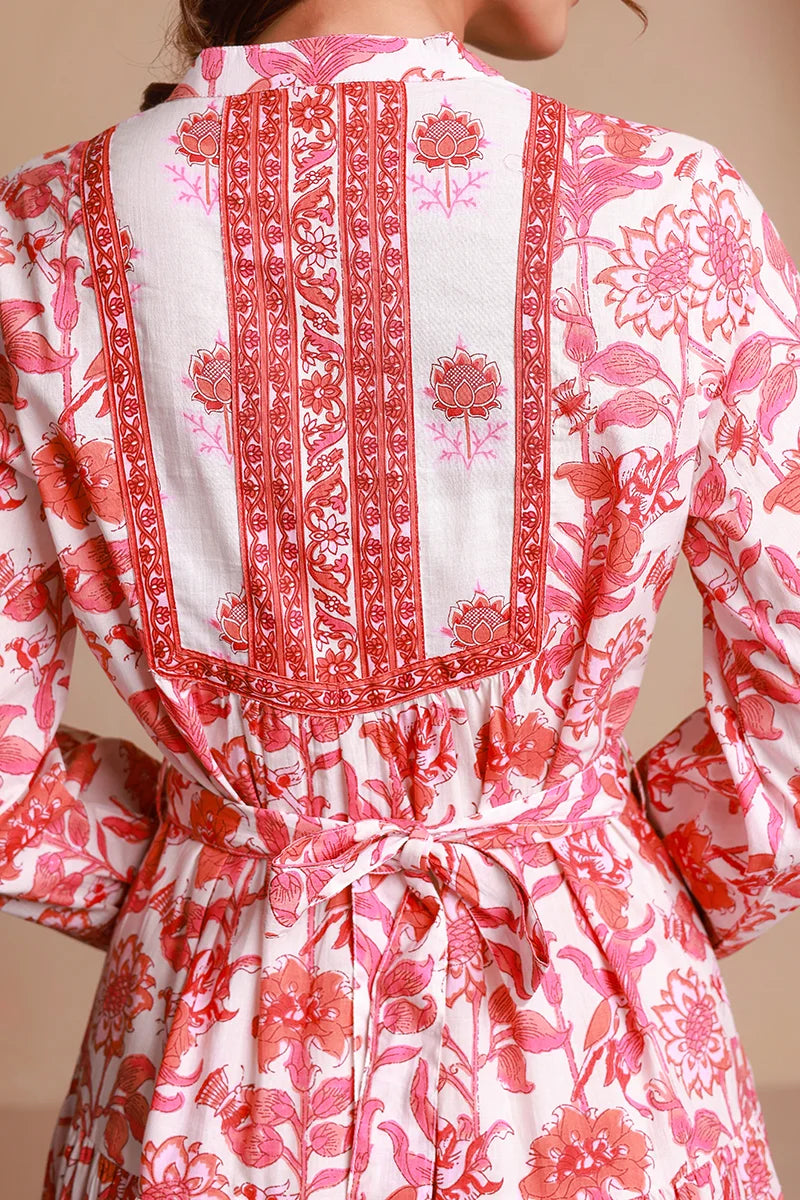 Pink Floral Printed Bishop Sleeves Ethnic A-Line Maxi Dress