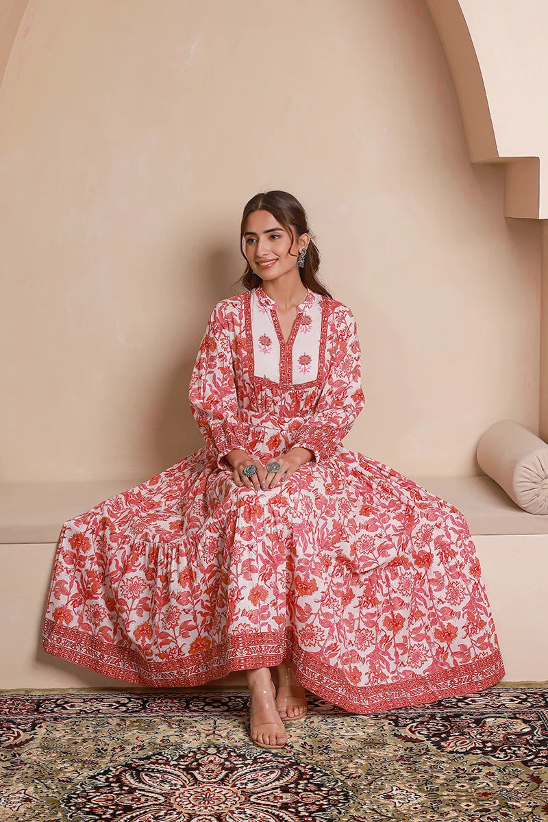 Pink Floral Printed Bishop Sleeves Ethnic A-Line Maxi Dress