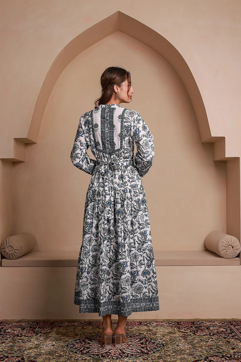 Grey Floral Printed Bishop Sleeves Ethnic A-Line Maxi Dress