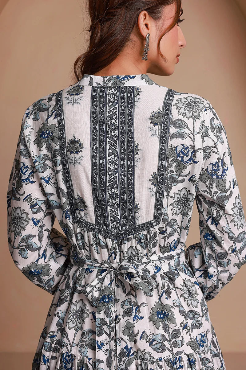 Grey Floral Printed Bishop Sleeves Ethnic A-Line Maxi Dress