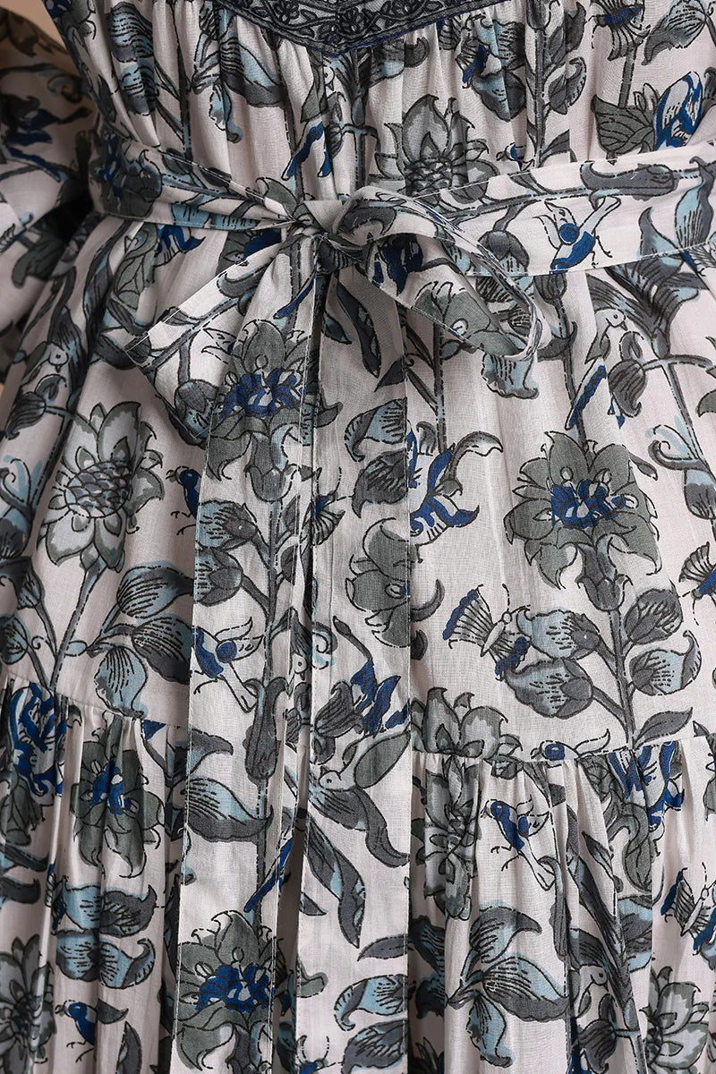 Grey Floral Printed Bishop Sleeves Ethnic A-Line Maxi Dress