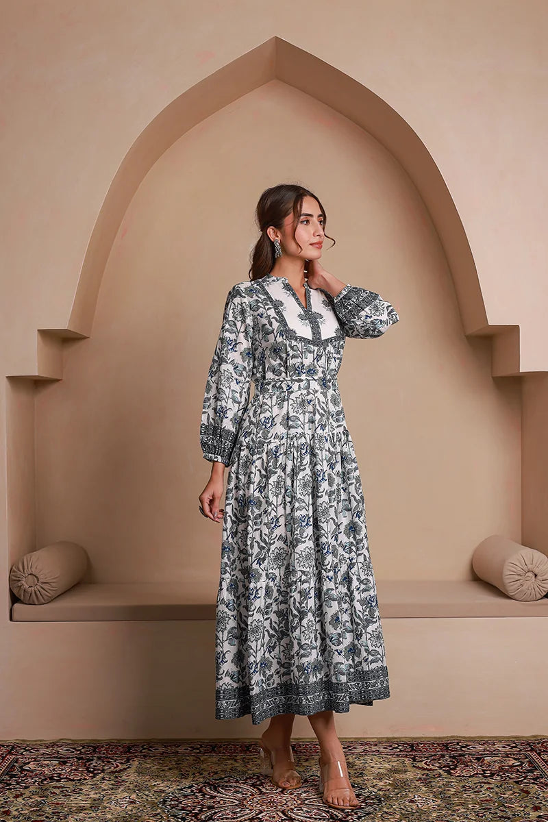 Grey Floral Printed Bishop Sleeves Ethnic A-Line Maxi Dress