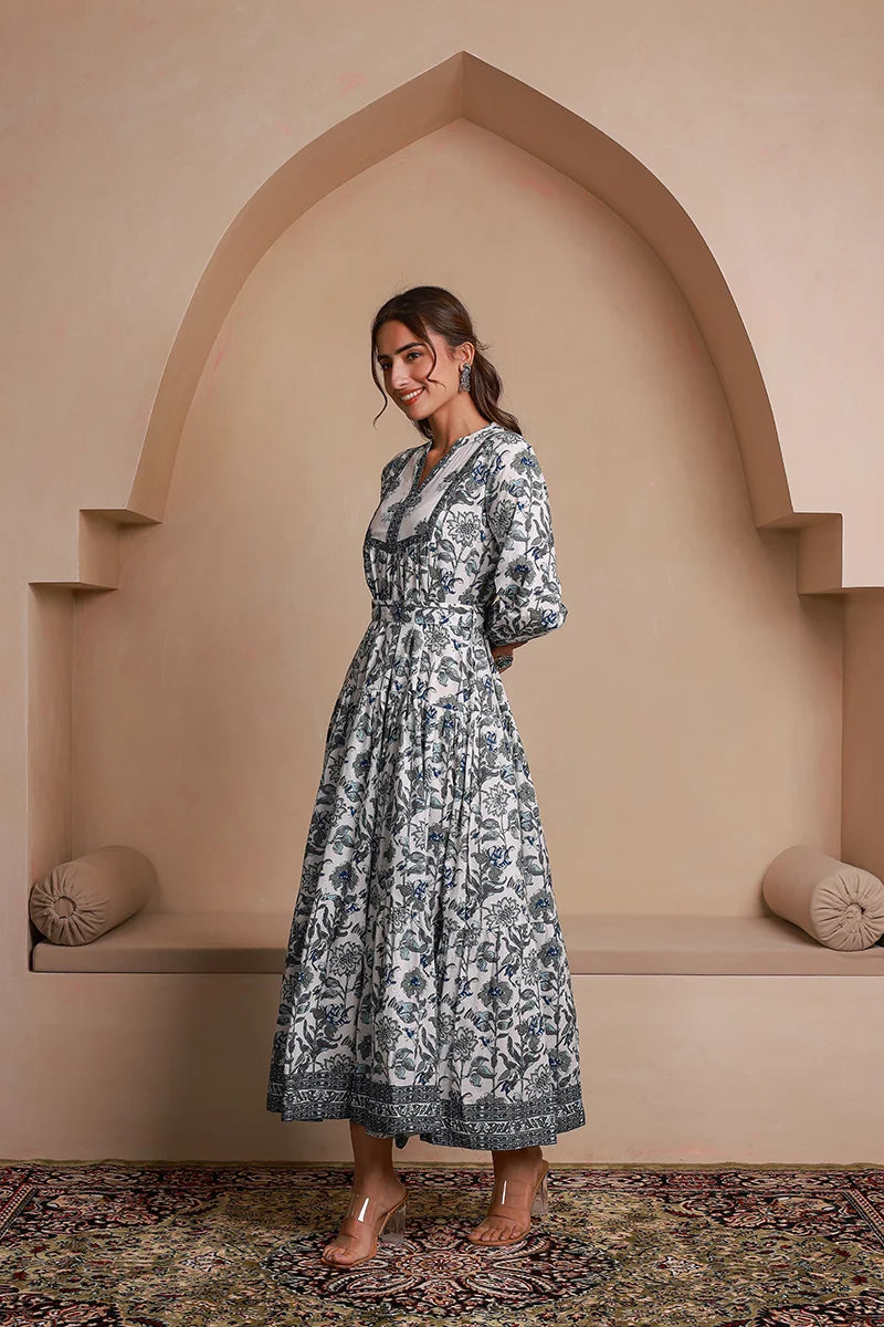Grey Floral Printed Bishop Sleeves Ethnic A-Line Maxi Dress