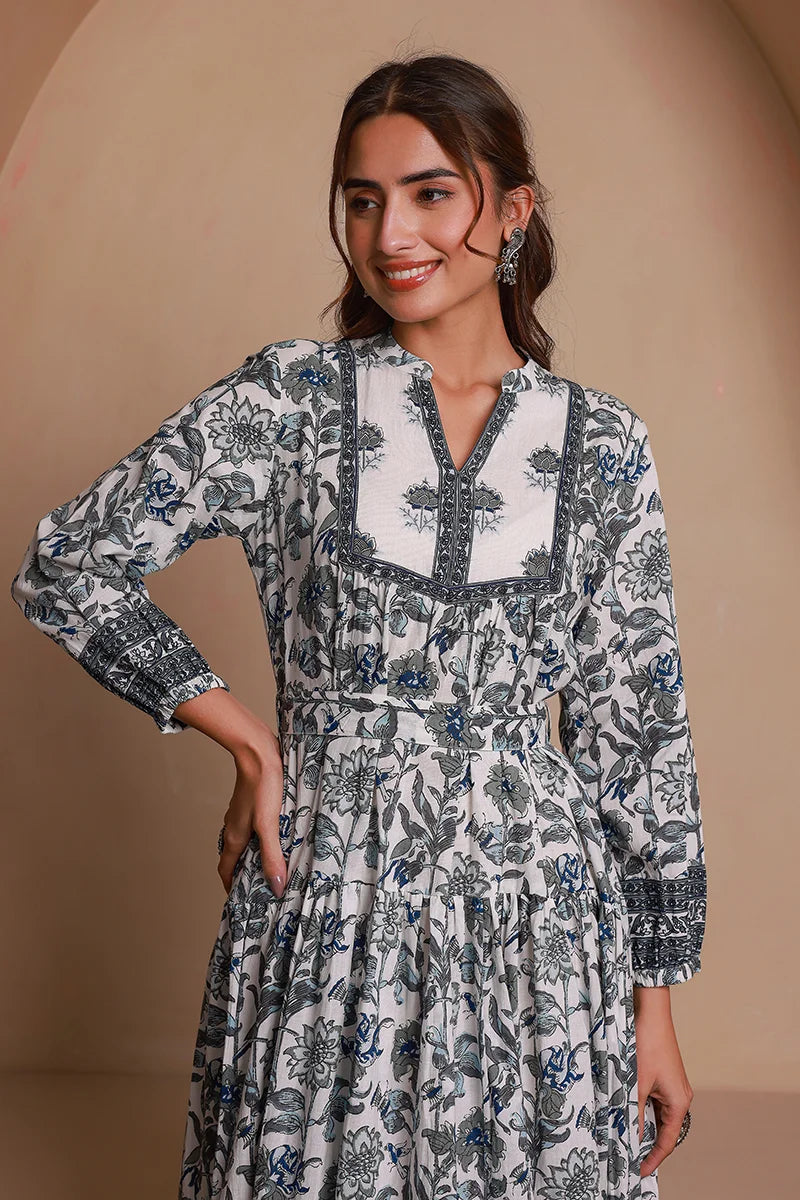 Grey Floral Printed Bishop Sleeves Ethnic A-Line Maxi Dress