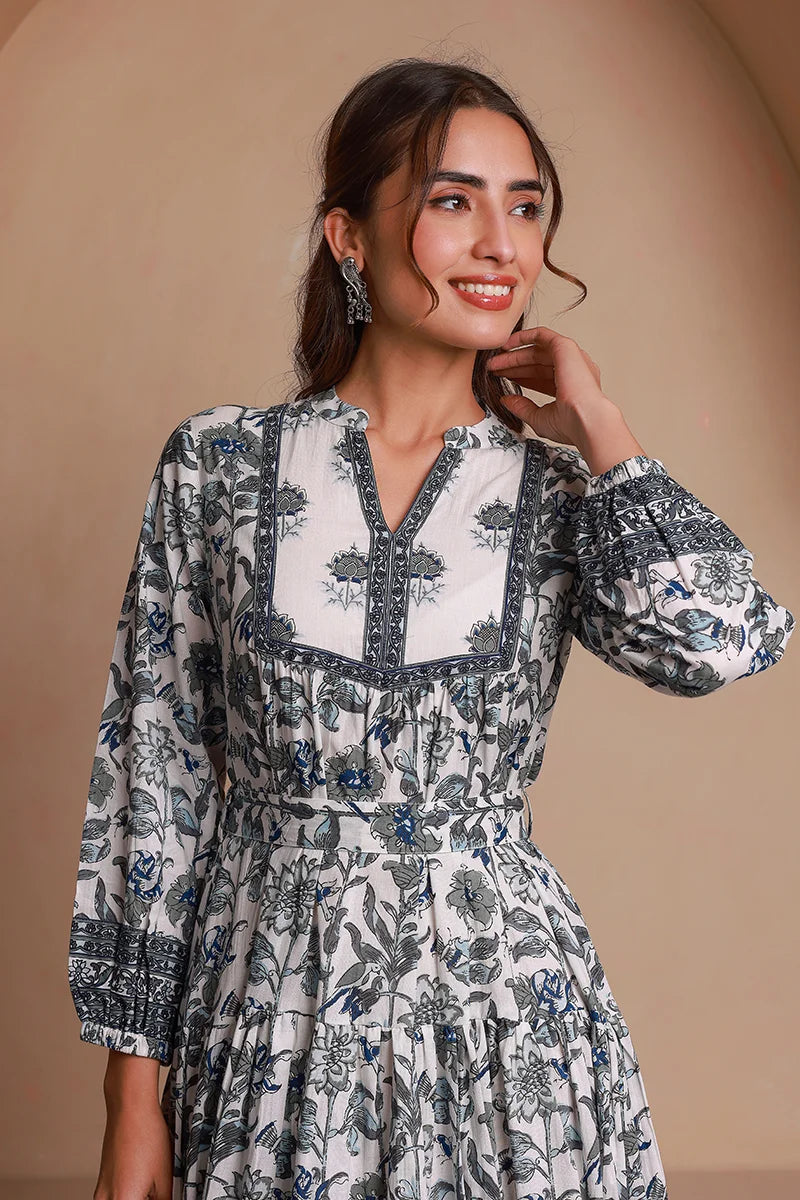 Grey Floral Printed Bishop Sleeves Ethnic A-Line Maxi Dress